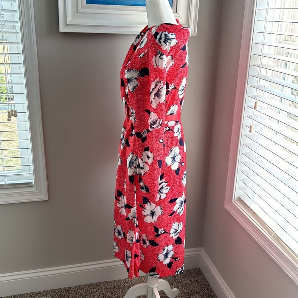 Vintage 80s Blair Red Hibiscus Belted Longsleeve Wrap Midi Dress - Picture 6 of 12